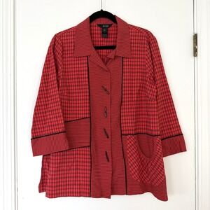 Ali Miles Red Black Plaid Patchwork Toggle Tunic Jacket Medium Art to Wear 3/4